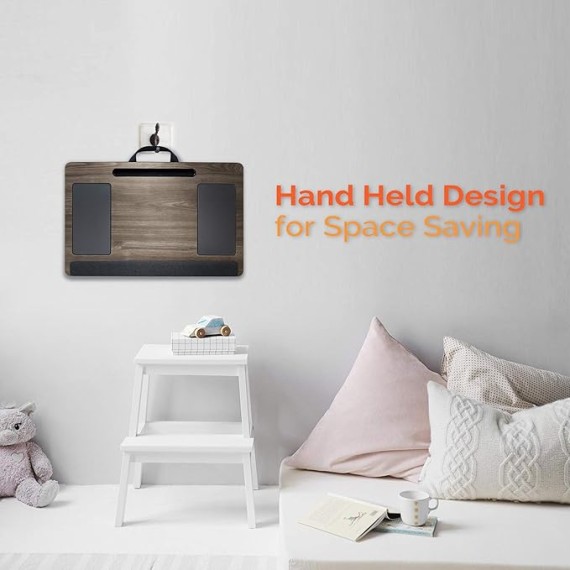 Lap Desk,  Portable Laptop Desk with Pillow Cushion & Handle, Design w/Tablet & Phone & Gadget Slot, Right & Left Handed Mousepad, Ergonomic Wrist Pad, Fit up to 17.3 inch Laptop, Oak