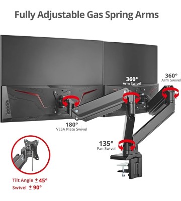 Dual Monitor Desk Mount, 17" to 43", Heavy-Duty Premium Gas Spring, Fits Two Flat/Curved Monitors, Load 45 lbs max Each, VESA 75x75 100x100 200x200, C-Clamp and Grommet Base (CE-MT3011-S1)