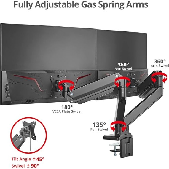 Dual Monitor Desk Mount, 17" to 43", Heavy-Duty Premium Gas Spring, Fits Two Flat/Curved Monitors, Load 45 lbs max Each, VESA 75x75 100x100 200x200, C-Clamp and Grommet Base (CE-MT3011-S1)