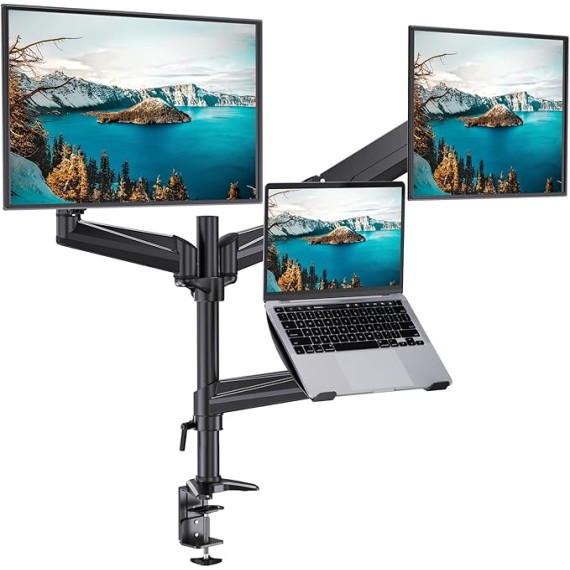 Dual Monitor and Laptop Mount for Max 32” Monitor and 17” Laptop, Adjustable Spring Arm with Tilt, Swivel and Rotation, Dual Monitor and Notebook Stand with VESA Bracket 75/100 mm