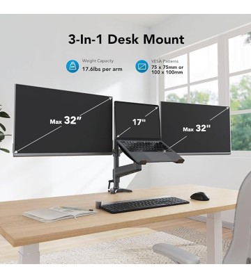 Dual Monitor and Laptop Mount for Max 32” Monitor and 17” Laptop, Adjustable Spring Arm with Tilt, Swivel and Rotation, Dual Monitor and Notebook Stand with VESA Bracket 75/100 mm