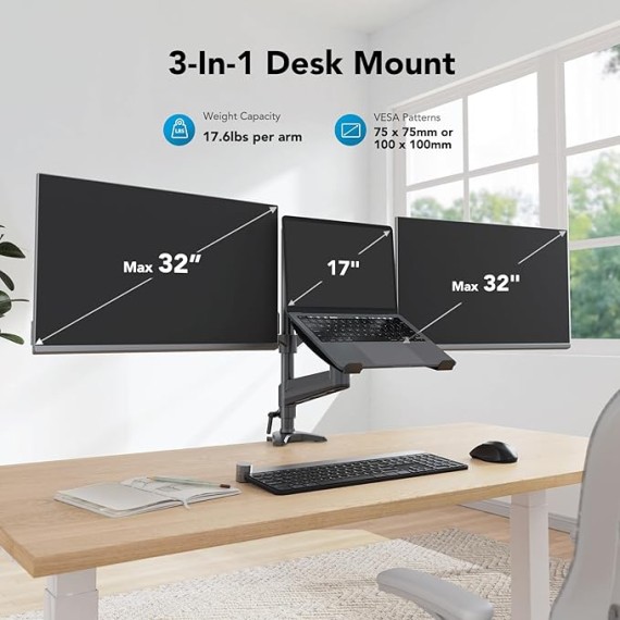 Dual Monitor and Laptop Mount for Max 32” Monitor and 17” Laptop, Adjustable Spring Arm with Tilt, Swivel and Rotation, Dual Monitor and Notebook Stand with VESA Bracket 75/100 mm