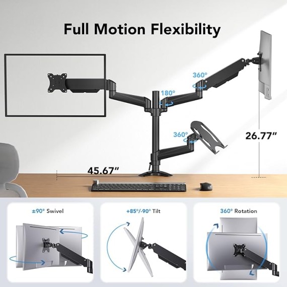 Dual Monitor and Laptop Mount for Max 32” Monitor and 17” Laptop, Adjustable Spring Arm with Tilt, Swivel and Rotation, Dual Monitor and Notebook Stand with VESA Bracket 75/100 mm