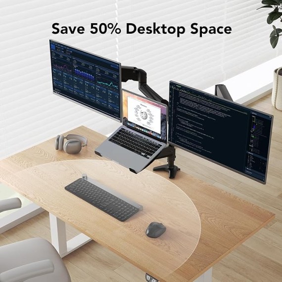 Dual Monitor and Laptop Mount for Max 32” Monitor and 17” Laptop, Adjustable Spring Arm with Tilt, Swivel and Rotation, Dual Monitor and Notebook Stand with VESA Bracket 75/100 mm