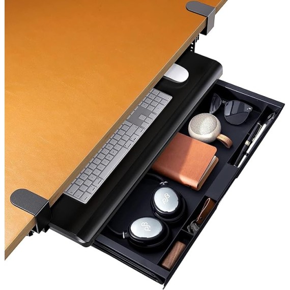 Keyboard Tray, Pull Out Drawer Under Desk - Keyboard Tray Under Desk Slide, w/Storage Organizer, Computer Keyboard Stand w/Extra Sturdy C Clamp (32.28" Including Clamps)