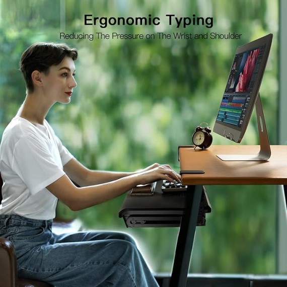 Keyboard Tray, Pull Out Drawer Under Desk - Keyboard Tray Under Desk Slide, w/Storage Organizer, Computer Keyboard Stand w/Extra Sturdy C Clamp (32.28" Including Clamps)