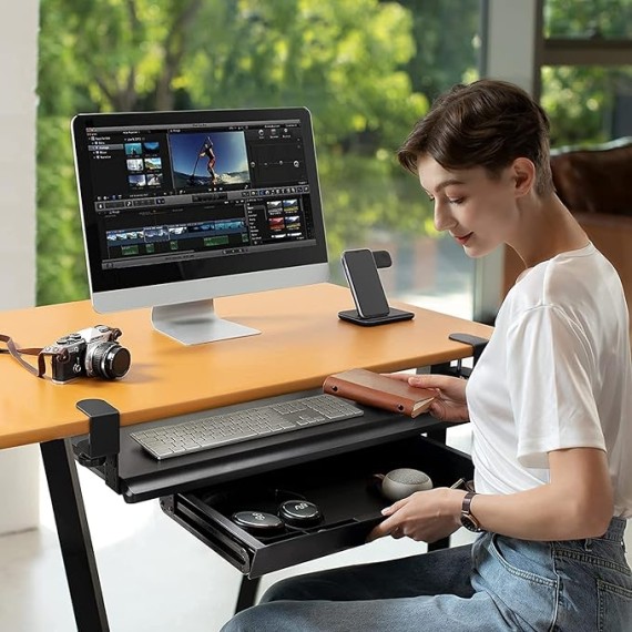 Keyboard Tray, Pull Out Drawer Under Desk - Keyboard Tray Under Desk Slide, w/Storage Organizer, Computer Keyboard Stand w/Extra Sturdy C Clamp (32.28" Including Clamps)