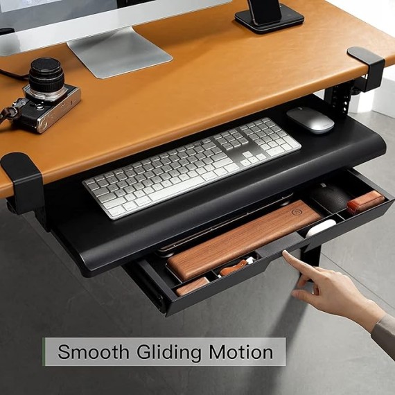 Keyboard Tray, Pull Out Drawer Under Desk - Keyboard Tray Under Desk Slide, w/Storage Organizer, Computer Keyboard Stand w/Extra Sturdy C Clamp (32.28" Including Clamps)