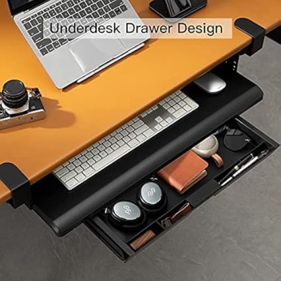 Keyboard Tray, Pull Out Drawer Under Desk - Keyboard Tray Under Desk Slide, w/Storage Organizer, Computer Keyboard Stand w/Extra Sturdy C Clamp (32.28" Including Clamps)