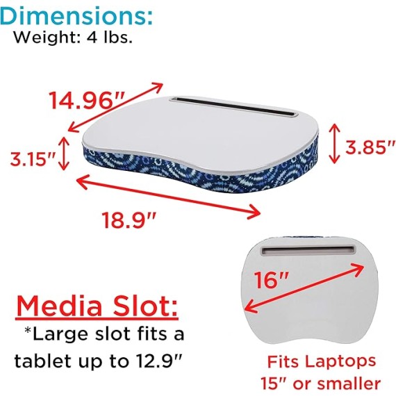 Lap Desk with Pillow Cushion | Tablet Slot | Fits Laptops Up to 15" | Tablets Up to 9.6" | Blue Tiedye Sunburst Pattern | Laptop and Writing Lap Desk | Work from Home