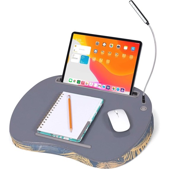 Lap Desk with Pillow Cushion | USB Light and Tablet Slot | Fits Laptops Up to 15" | Tablets Up to 9.6" | Tropical Grey Pattern | Laptop and Writing Lap Desk | Laptop Stand Accessories