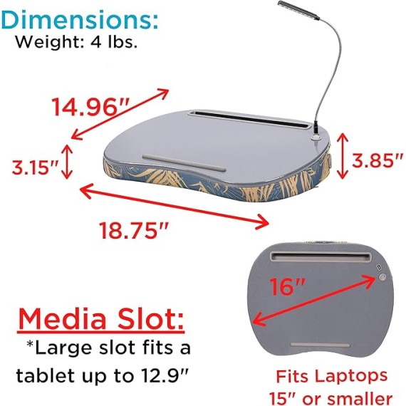 Lap Desk with Pillow Cushion | USB Light and Tablet Slot | Fits Laptops Up to 15" | Tablets Up to 9.6" | Tropical Grey Pattern | Laptop and Writing Lap Desk | Laptop Stand Accessories