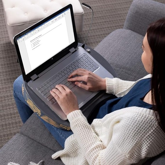 Lap Desk with Pillow Cushion | USB Light and Tablet Slot | Fits Laptops Up to 15" | Tablets Up to 9.6" | Tropical Grey Pattern | Laptop and Writing Lap Desk | Laptop Stand Accessories