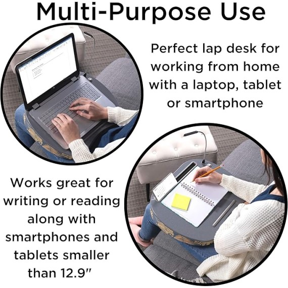 Lap Desk with Pillow Cushion | USB Light and Tablet Slot | Fits Laptops Up to 15" | Tablets Up to 9.6" | Tropical Grey Pattern | Laptop and Writing Lap Desk | Laptop Stand Accessories