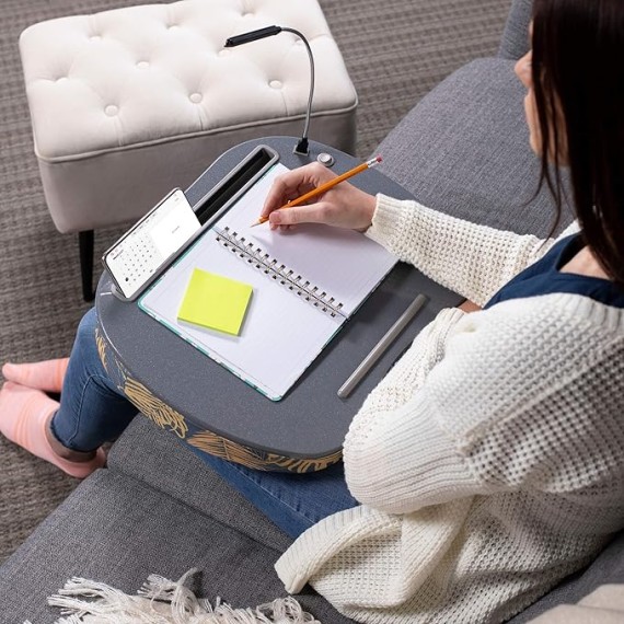 Lap Desk with Pillow Cushion | USB Light and Tablet Slot | Fits Laptops Up to 15" | Tablets Up to 9.6" | Tropical Grey Pattern | Laptop and Writing Lap Desk | Laptop Stand Accessories
