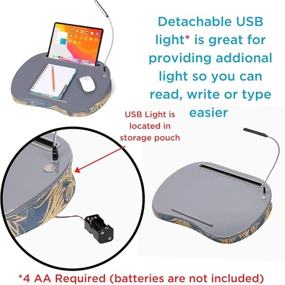 Lap Desk with Pillow Cushion | USB Light and Tablet Slot | Fits Laptops Up to 15" | Tablets Up to 9.6" | Tropical Grey Pattern | Laptop and Writing Lap Desk | Laptop Stand Accessories