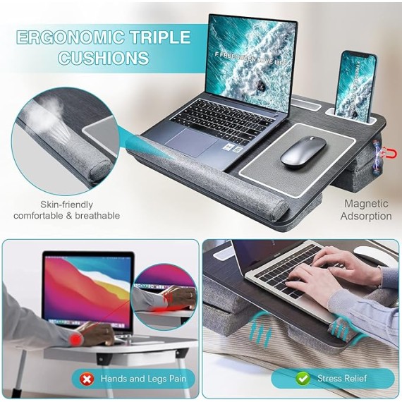 Laptop Lap Desk, Computer Lap Desks with Cushion Fits up to 17 inch Laptop, Designed Adjustable Triple Lap Pad, Storage Function & Wrist Rest, Home Office Lap Table for Adult Teen Student