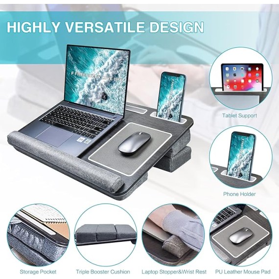 Laptop Lap Desk, Computer Lap Desks with Cushion Fits up to 17 inch Laptop, Designed Adjustable Triple Lap Pad, Storage Function & Wrist Rest, Home Office Lap Table for Adult Teen Student