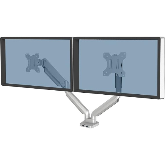 Platinum Series Dual Monitor Arm for 32-Inch Monitors, Full Motion, 360° Rotation, VESA Mount with Grommet or Clamp, USB Ports, Ergonomic, Silver, 8056501