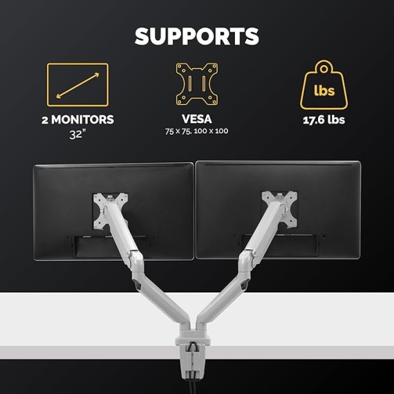 Platinum Series Dual Monitor Arm for 32-Inch Monitors, Full Motion, 360° Rotation, VESA Mount with Grommet or Clamp, USB Ports, Ergonomic, Silver, 8056501