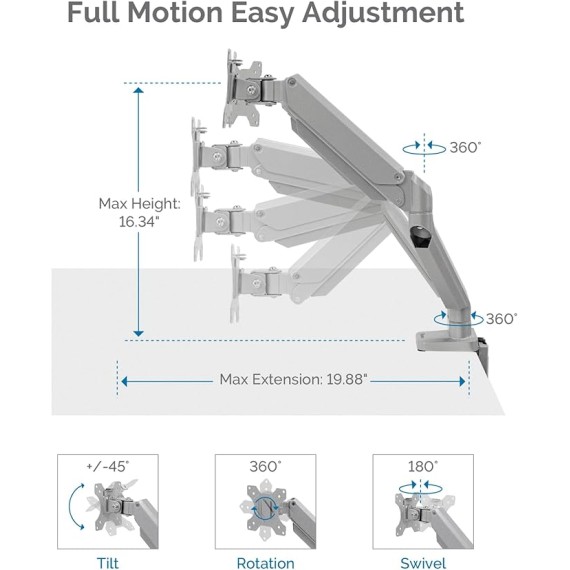 Platinum Series Dual Monitor Arm for 32-Inch Monitors, Full Motion, 360° Rotation, VESA Mount with Grommet or Clamp, USB Ports, Ergonomic, Silver, 8056501