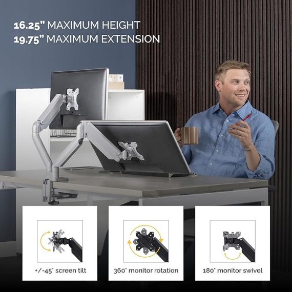 Platinum Series Dual Monitor Arm for 32-Inch Monitors, Full Motion, 360° Rotation, VESA Mount with Grommet or Clamp, USB Ports, Ergonomic, Silver, 8056501