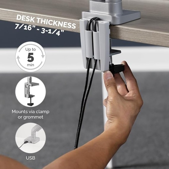 Platinum Series Dual Monitor Arm for 32-Inch Monitors, Full Motion, 360° Rotation, VESA Mount with Grommet or Clamp, USB Ports, Ergonomic, Silver, 8056501