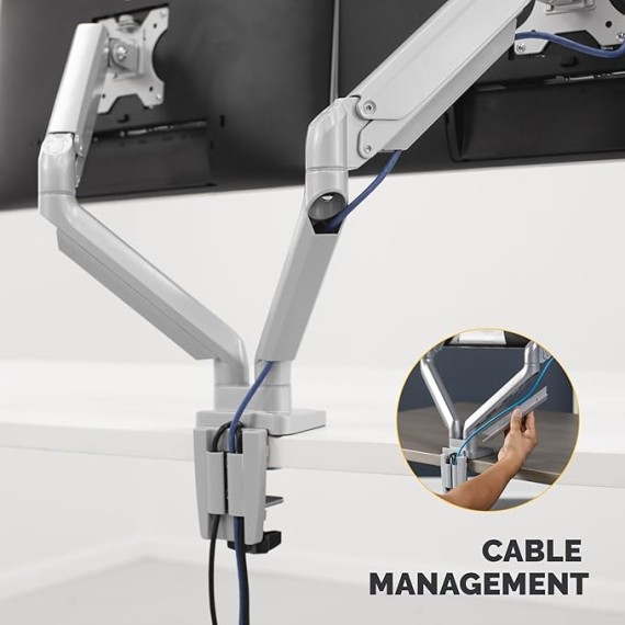 Platinum Series Dual Monitor Arm for 32-Inch Monitors, Full Motion, 360° Rotation, VESA Mount with Grommet or Clamp, USB Ports, Ergonomic, Silver, 8056501