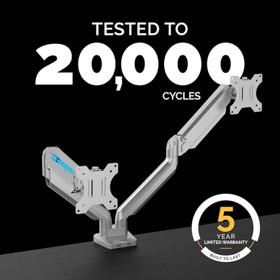 Platinum Series Dual Monitor Arm for 32-Inch Monitors, Full Motion, 360° Rotation, VESA Mount with Grommet or Clamp, USB Ports, Ergonomic, Silver, 8056501