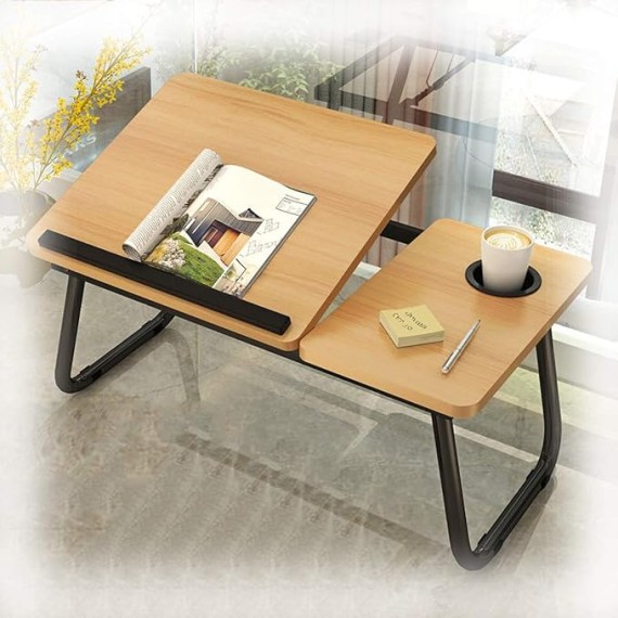 Laptop Foldable Table,Lap Standing Desk,Four-Gears Adjustable Angle,with Handle Cup Slot,Load 150KG,Ergonomic Design,for Bed,Sofa Couch,Floor and More,Walnut