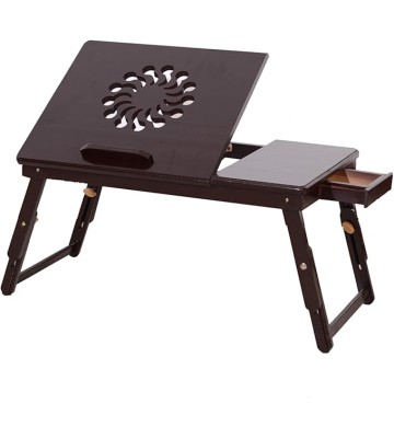 Bamboo Bed Desk, Adjustable Laptop Small Desk, Lap Desk Bed Tray Floor Table, Tea Table with Tilting Top Panel, Drawer, Adjustable Leg, Sunflower Engraving Coffee Color, 21" × 13" × (8-11)"