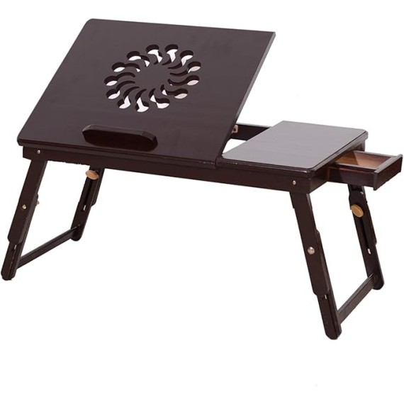 Bamboo Bed Desk, Adjustable Laptop Small Desk, Lap Desk Bed Tray Floor Table, Tea Table with Tilting Top Panel, Drawer, Adjustable Leg, Sunflower Engraving Coffee Color, 21" × 13" × (8-11)"