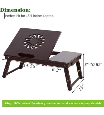 Bamboo Bed Desk, Adjustable Laptop Small Desk, Lap Desk Bed Tray Floor Table, Tea Table with Tilting Top Panel, Drawer, Adjustable Leg, Sunflower Engraving Coffee Color, 21" × 13" × (8-11)"