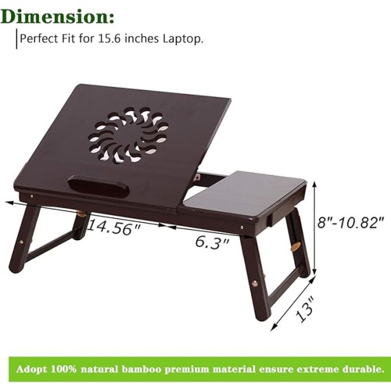 Bamboo Bed Desk, Adjustable Laptop Small Desk, Lap Desk Bed Tray Floor Table, Tea Table with Tilting Top Panel, Drawer, Adjustable Leg, Sunflower Engraving Coffee Color, 21" × 13" × (8-11)"