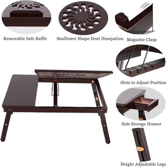 Bamboo Bed Desk, Adjustable Laptop Small Desk, Lap Desk Bed Tray Floor Table, Tea Table with Tilting Top Panel, Drawer, Adjustable Leg, Sunflower Engraving Coffee Color, 21" × 13" × (8-11)"