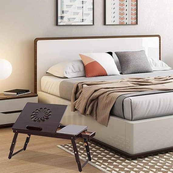 Bamboo Bed Desk, Adjustable Laptop Small Desk, Lap Desk Bed Tray Floor Table, Tea Table with Tilting Top Panel, Drawer, Adjustable Leg, Sunflower Engraving Coffee Color, 21" × 13" × (8-11)"