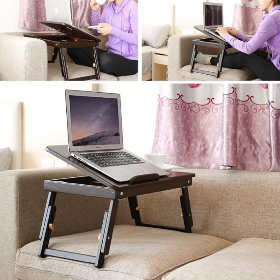 Bamboo Bed Desk, Adjustable Laptop Small Desk, Lap Desk Bed Tray Floor Table, Tea Table with Tilting Top Panel, Drawer, Adjustable Leg, Sunflower Engraving Coffee Color, 21" × 13" × (8-11)"