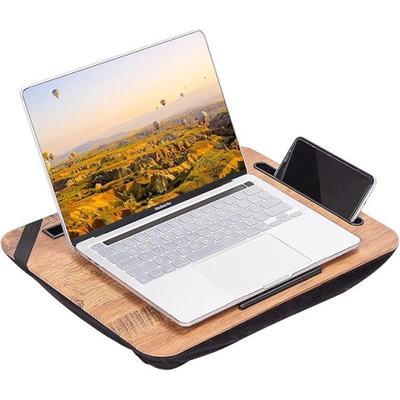 Laptop Lap Desk with Cushion, Portable Laptop Pillow Lap Desk with Pen Slot for Writing, Fits Up to 15.6 Inch Laptop, Wooden Computer Lap Desk for Bed Sofa Home Office Use