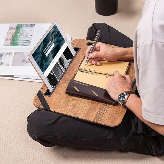 Laptop Lap Desk with Cushion, Portable Laptop Pillow Lap Desk with Pen Slot for Writing, Fits Up to 15.6 Inch Laptop, Wooden Computer Lap Desk for Bed Sofa Home Office Use
