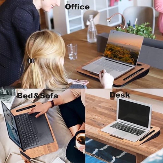 Laptop Lap Desk with Cushion, Portable Laptop Pillow Lap Desk with Pen Slot for Writing, Fits Up to 15.6 Inch Laptop, Wooden Computer Lap Desk for Bed Sofa Home Office Use