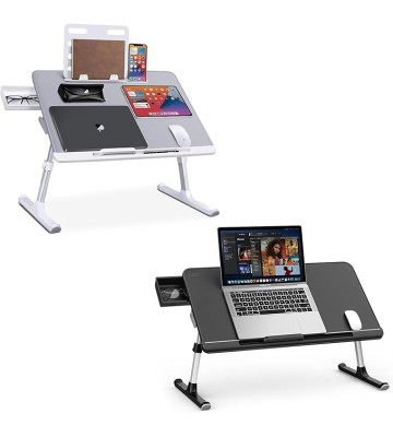 Laptop Bed Tray Desk, Adjustable Laptop Stand for Bed, Foldable Laptop Table with Storage Drawer for Eating, Working, Writing, Gaming, Drawing (Gray, X-Large&Black,Large)
