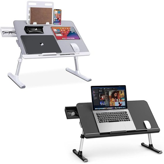 Laptop Bed Tray Desk, Adjustable Laptop Stand for Bed, Foldable Laptop Table with Storage Drawer for Eating, Working, Writing, Gaming, Drawing (Gray, X-Large&Black,Large)