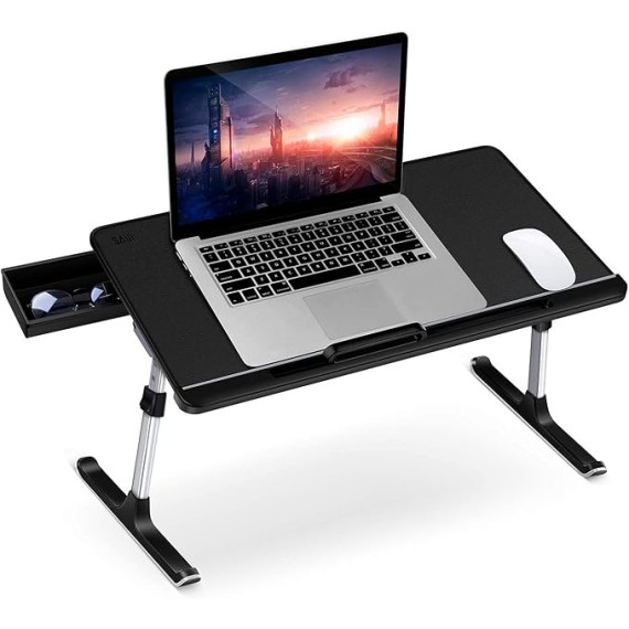 Laptop Bed Tray Desk, Adjustable Laptop Stand for Bed, Foldable Laptop Table with Storage Drawer for Eating, Working, Writing, Gaming, Drawing (Gray, X-Large&Black,Large)