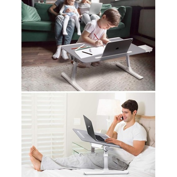 Laptop Bed Tray Desk, Adjustable Laptop Stand for Bed, Foldable Laptop Table with Storage Drawer for Eating, Working, Writing, Gaming, Drawing (Gray, X-Large&Black,Large)