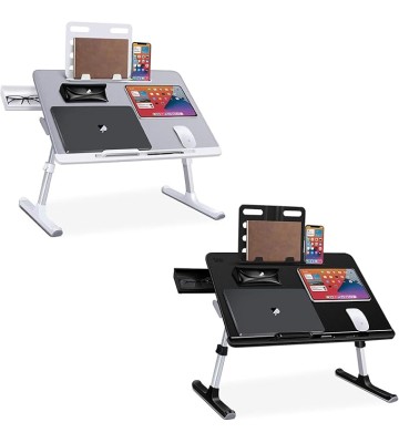 Laptop Bed Tray Desk, Adjustable Laptop Stand for Bed, Foldable Laptop Table with Storage Drawer for Eating, Working, Writing, Gaming, Drawing (Gray&Black, X-Large)