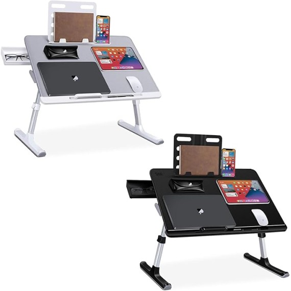 Laptop Bed Tray Desk, Adjustable Laptop Stand for Bed, Foldable Laptop Table with Storage Drawer for Eating, Working, Writing, Gaming, Drawing (Gray&Black, X-Large)
