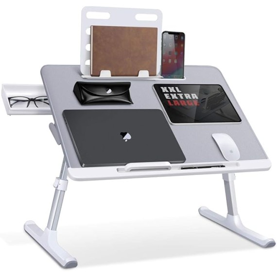 Laptop Bed Tray Desk, Adjustable Laptop Stand for Bed, Foldable Laptop Table with Storage Drawer for Eating, Working, Writing, Gaming, Drawing (Gray&Black, X-Large)