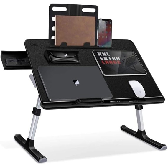 Laptop Bed Tray Desk, Adjustable Laptop Stand for Bed, Foldable Laptop Table with Storage Drawer for Eating, Working, Writing, Gaming, Drawing (Gray&Black, X-Large)