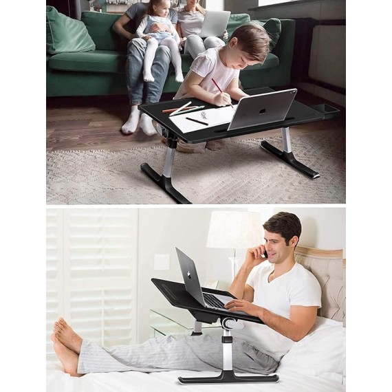 Laptop Bed Tray Desk, Adjustable Laptop Stand for Bed, Foldable Laptop Table with Storage Drawer for Eating, Working, Writing, Gaming, Drawing (Gray&Black, X-Large)