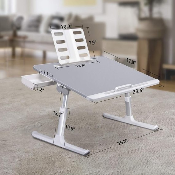 Laptop Bed Tray Desk, Adjustable Laptop Stand for Bed, Foldable Laptop Table with Storage Drawer for Eating, Working, Writing, Gaming, Drawing (Gray&Black, X-Large)